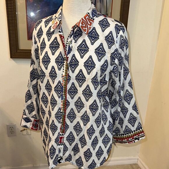 Orientique Naturally Australian Geometric Contrast Patterned Button-Up Shirt MED - Picture 5 of 14